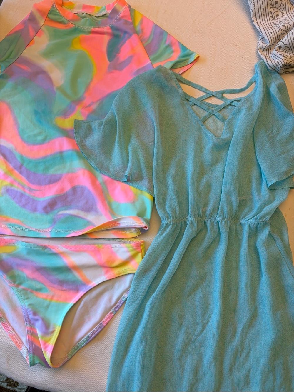 Girls 10/12 swim bundle - Kids Multicolor Swirl two Piece with Aqua Cover-Up